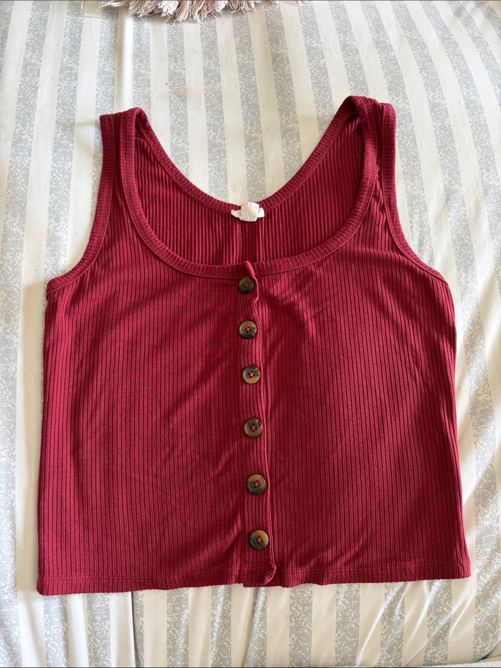 Garage Burgundy Ribbed Button-Front Crop Tank